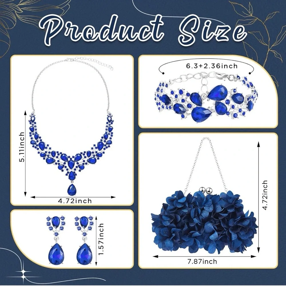 4 Pcs Flower Clutch Rhinestone Jewelry Set Clutch Necklace Earrings Bracelet